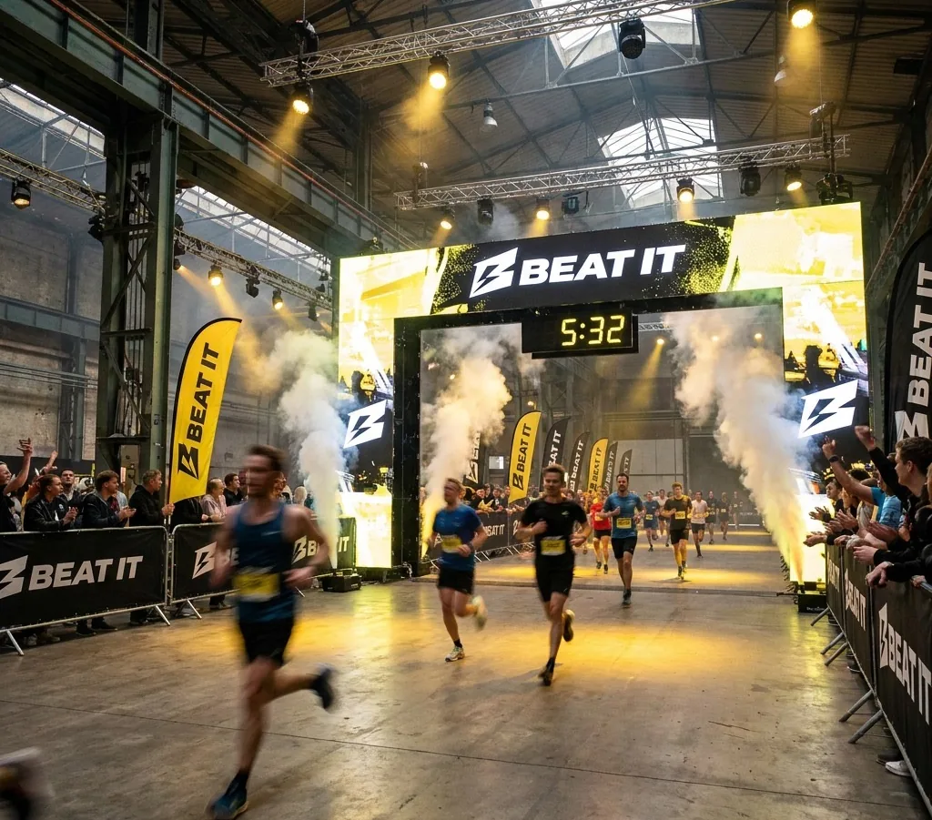 Deelnemers lopen onder de BEAT IT finishboog door met de Cut-off Time op 5:32, rook en LED-schermen aan weerszijden.